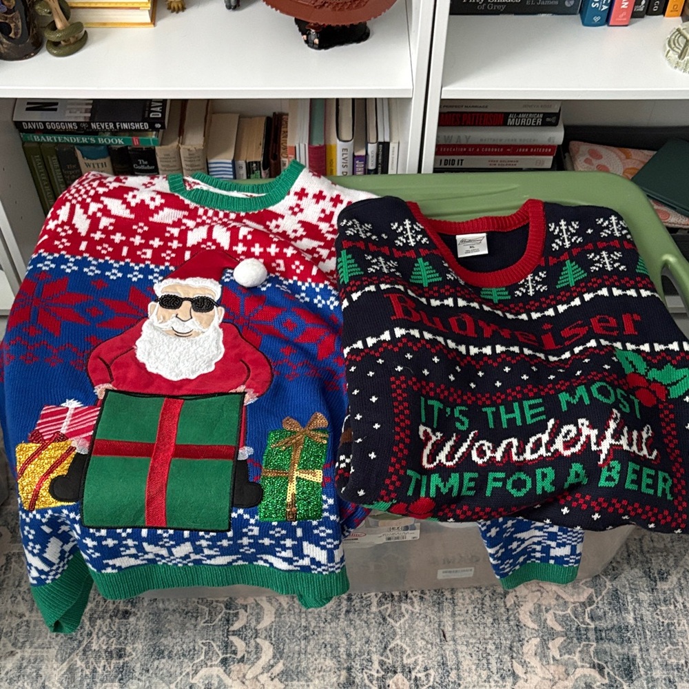 Men's Holiday Sweater with Santa Graphic (Large) and Budweiser Sweater (XL)